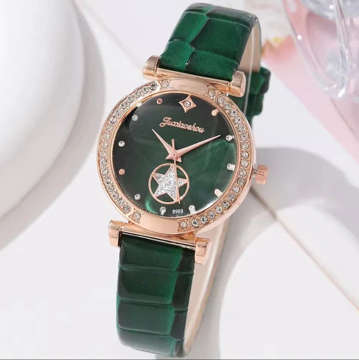 6PCS Set Green Luxury Quartz Watch Women Ring Necklace Earring Rhinestone Fashion Wristwatch Casual Ladies Bracelet Watches