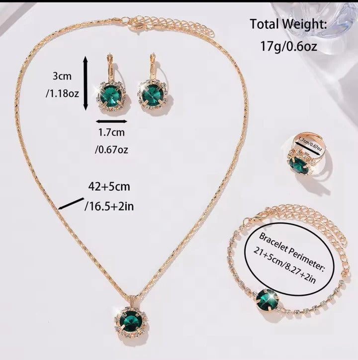 6PCS Set Green Luxury Quartz Watch Women Ring Necklace Earring Rhinestone Fashion Wristwatch Casual Ladies Bracelet Watches