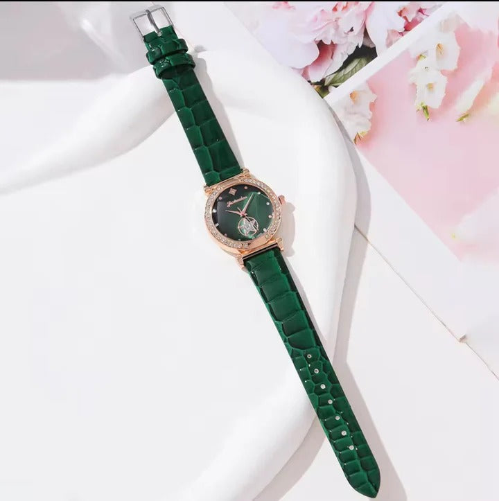 6PCS Set Green Luxury Quartz Watch Women Ring Necklace Earring Rhinestone Fashion Wristwatch Casual Ladies Bracelet Watches
