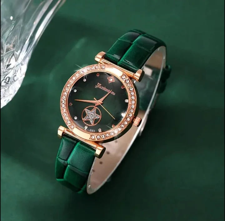6PCS Set Green Luxury Quartz Watch Women Ring Necklace Earring Rhinestone Fashion Wristwatch Casual Ladies Bracelet Watches