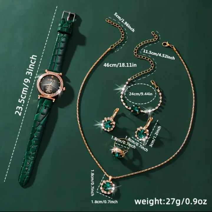 6PCS Set Green Luxury Quartz Watch Women Ring Necklace Earring Rhinestone Fashion Wristwatch Casual Ladies Bracelet Watches