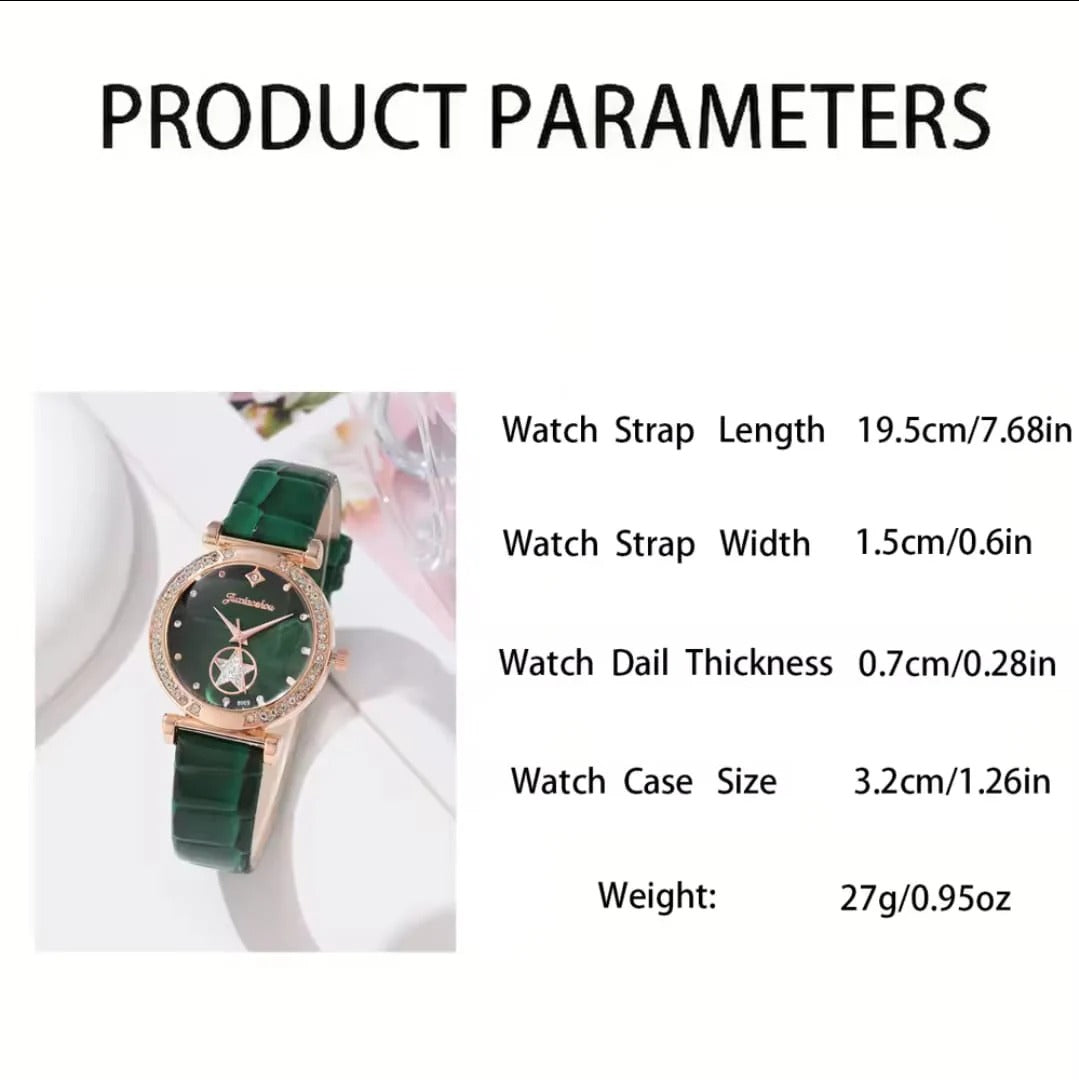 6PCS Set Green Luxury Quartz Watch Women Ring Necklace Earring Rhinestone Fashion Wristwatch Casual Ladies Bracelet Watches