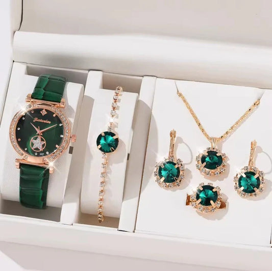 6PCS Set Green Luxury Quartz Watch Women Ring Necklace Earring Rhinestone Fashion Wristwatch Casual Ladies Bracelet Watches